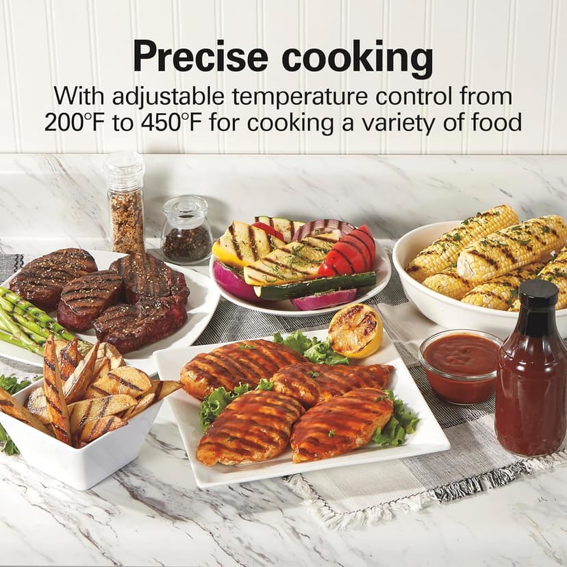 Hamilton Beach Electric Indoor Searing Grill with Adjustable Temperature Control to 450F, 118 sq. in. Surface Serves 6, PFAS-Free Removable Nonstick Grate, Stainless Steel (25360)