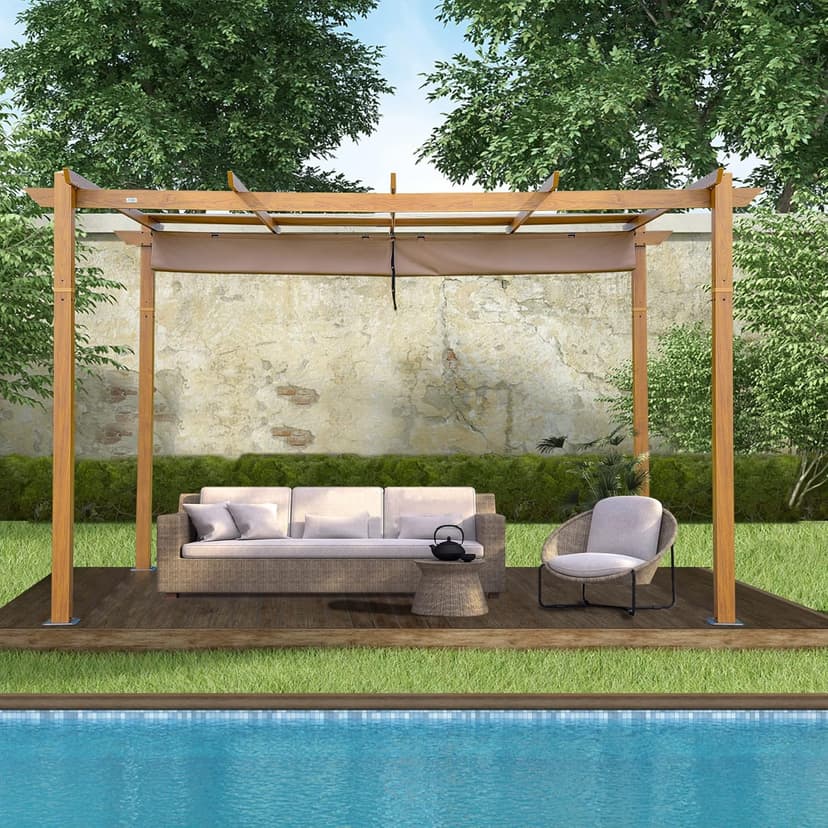 Domi 10' x 13' Outdoor Retractable Pergola, Gazebo Modern Grape Trellis Pergola with Sun Shade Canopy, Patio Aluminum Shelter for Garden Porch Beach Yard with Natural Wood Grain Frame