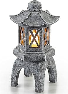 VP Home Solar-Powered Pagoda Garden Statues - Japanese Zen Lantern Outdoor Decor with Flickering LED Light - Durable Polyresin for Yard, Patio, or Garden - 12 x 7 x 6 Inches (Zen Garden Pagoda)