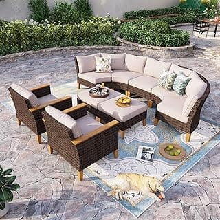 Sophia & William Outdoor Wicker Sectional Sofa Set, Half Moon Curved Patio Furniture Set with Ottman, High Back Rattan Patio Conversation Set for Outside, Deck, Garden(Beige, 9 Piece)