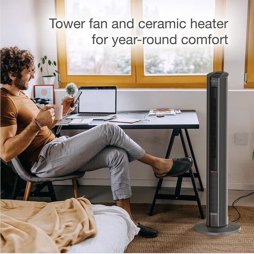 Lasko Oscillating All Season Tower Fan and Space Heater in One for Home with Adjustable Thermostat, Tip-Over Switch, 4 Fan Speeds, 3 Heat Settings and Remote Control, 42 Inches, 1500W, Gray, FH515