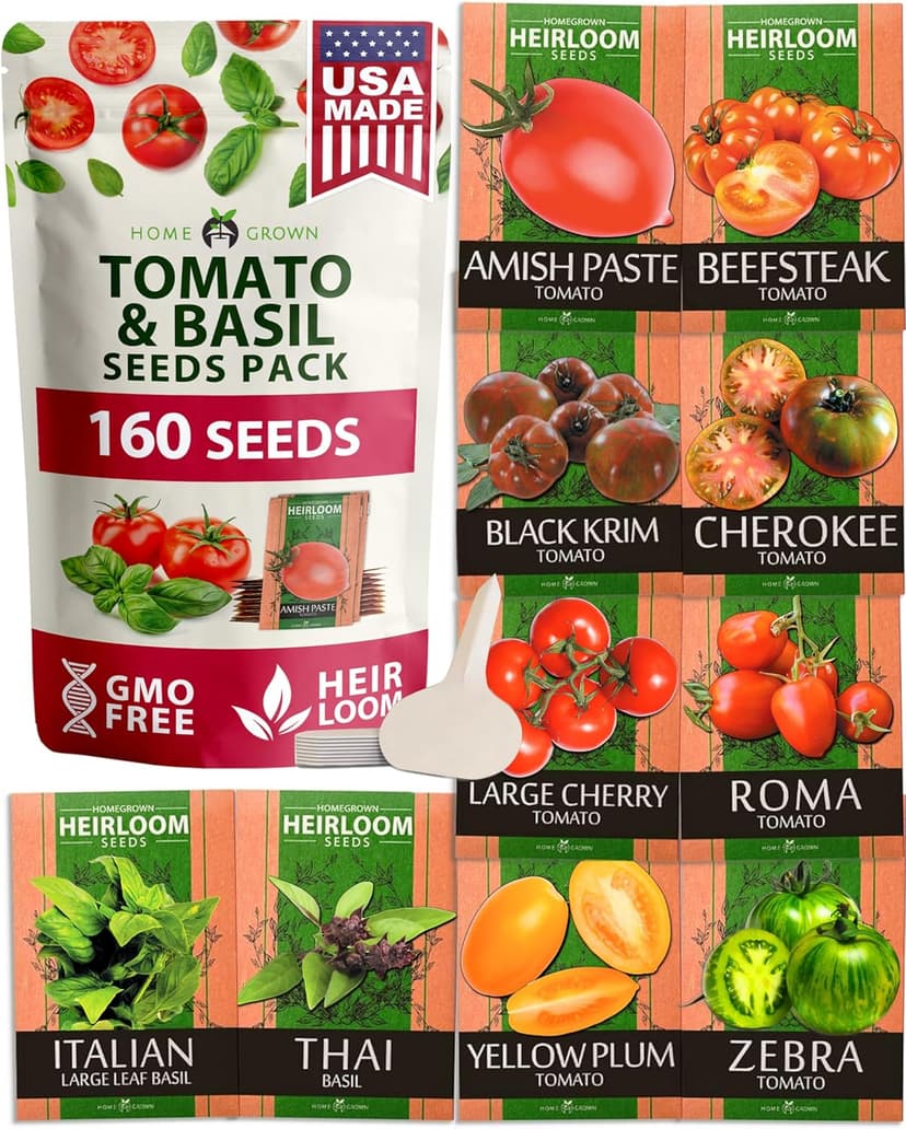 HOME GROWN Heirloom Tomato Seeds for Planting (10pk) w/Basil Seeds, 100% Non-GMO Tomatoes: Cherry, Roma, Beefsteak, Zebra, Yellow Plum, Amish Paste, Cherokee, Krim, Italian Basil, Thai Basil Seed