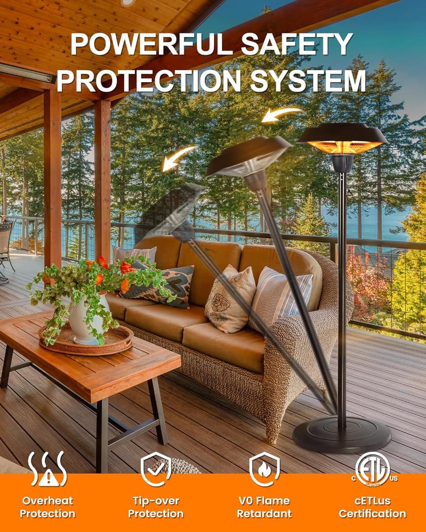 Star Patio Electric Outdoor Heater, Freestanding Patio Heater, Infrared Heater, Hammered Bronze Finished, Tip-Over Protection, Adjustable Height and Silent Heating Heater, ZHQ1566-C-SN12024