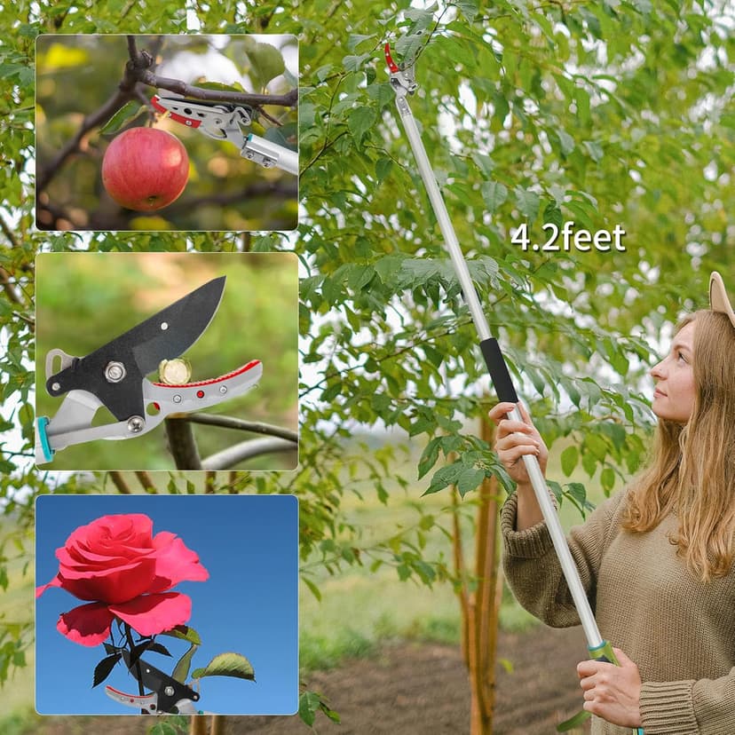 GARTOL Pruner for Garden, Cut Upto 1/2 Inch & Hold Pole Pruner, Lightweight Fruit Picker with 180 Degree Rotating Handle, Long Reach Tree Branch Cutter with Aluminum Pole, 4.2 FT, Silver