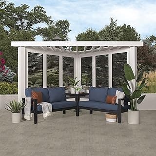 Backyard Discovery Ridgedale 12' x 8' Modern Glavanized Steel Cabana Corner Pergola with Conversation Seating, Shade Sail Canopy, Privacy Panels, Table for Outdoor Patio, Deck, Poolside, Entertaining