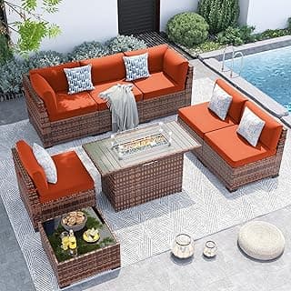 UDPATIO Patio Furniture Set With 44'' Fire Pit Table,Modular Outdoor Furniture Sets,Slanted Back Outdoor Sectional Conversation Set PE Rattan Sofa for Backyard W/Coffee Table,4'' Cushions,8 PCS,Orange
