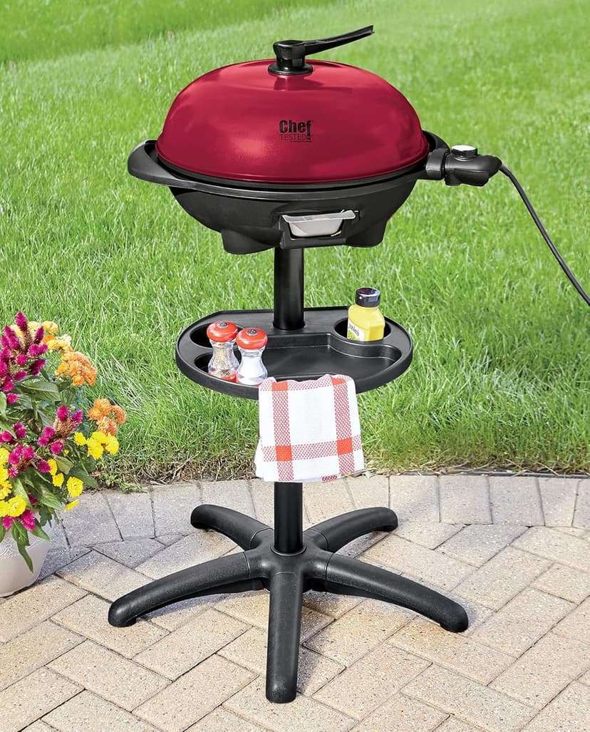 Montgomery Ward Chef Tested Electric Grill- Indoor/Outdoor Use, Removable Cast Aluminum Griddle, Temperature Control, Drip Tray, Warming Drawer, 1350 Watts, (Red, 25"W x 40.25"H x 25"D)