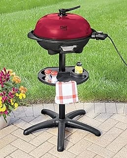 Montgomery Ward Chef Tested Electric Grill- Indoor/Outdoor Use, Removable Cast Aluminum Griddle, Temperature Control, Drip Tray, Warming Drawer, 1350 Watts, (Red, 25"W x 40.25"H x 25"D)