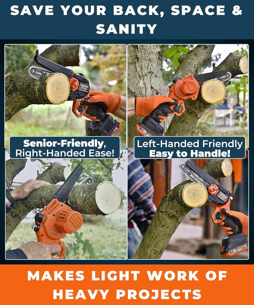 Mini Chainsaw Cordless 6 Inch - 2x2000mAh Mini Chain Saw Battery Powered - Self Oiling Handheld Electric Chainsaw - Small Hand Saw for Wood Cutting, Tree Clearance and Pruning