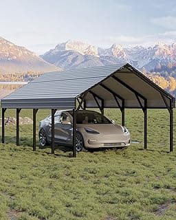 12x20 FT Metal Carport, Reinforced Frame and Steel Roof for All-Weather Use, Permanent Shelter for Bass Boats, Full-Sized Pickup Trucks, and Tractors