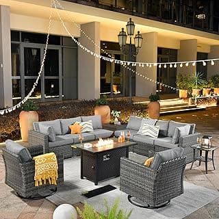 ovios 11 Piece Outdoor Patio Furniture Set with Fire Pit Table,Conversation Sectional Wicker Couch with Swivel Chairs,Modern Outside Sofa for Balcony Backyard (Dark Grey)