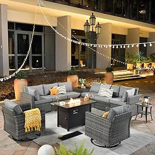 ovios 11 Piece Outdoor Patio Furniture Set with Fire Pit Table,Conversation Sectional Wicker Couch with Swivel Chairs,Modern Outside Sofa for Balcony Backyard (Dark Grey)