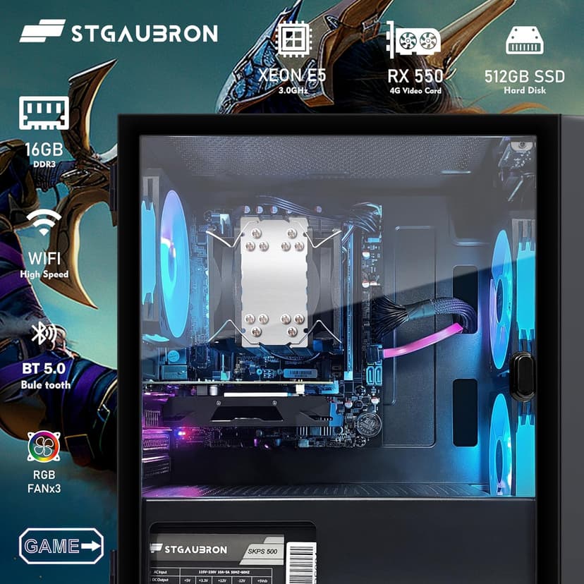 STGAubron Gaming Desktop PC, Radeon RX 550 4G GDDR5, Intel i7 Xeon E5 3.0GHz, 16G Ram, 512G SSD, 600M WiFi, BT 5.0, RGB Fan x 3, Windows 10 Home