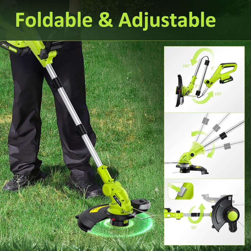 Electric String Trimmer Cordless with 2x2.0Ah Battery, 20V Battery Powered 12-inch Lawn Mover & Edger Lawn Tool with Charger, Powered Grass Trimmer with 8pcs Spool Line for Yard, Garden, Green