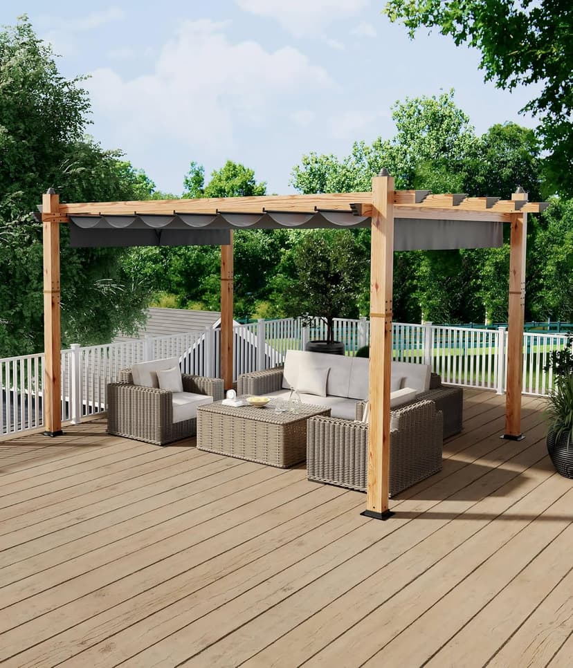 10 x 13 Ft Wood-Grain Aluminum Pergola Outdoor Pergola with Retractable Canopy Sun Shade Shelter for Garden, Patio, Backyard, Deck - Gray