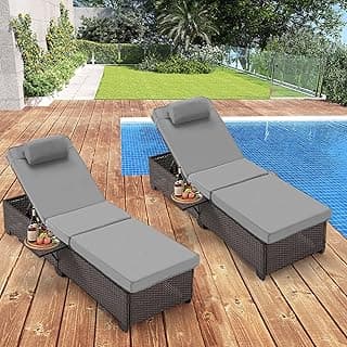 HOMREST PE Wicker Chaise Lounge Chairs Set of 2,Adjustable 5 Position Outside Rattanr Patio Pool Chair with Headrest,Cushion and Storage Rack for Poolside Backyard Porch,Grey