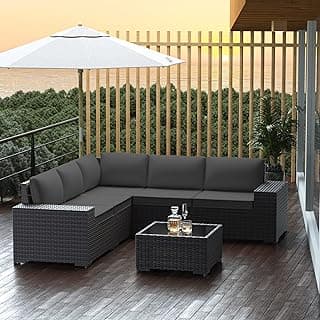 Outdoor Patio Furniture Set, 6 Pieces Outdoor Furniture All Weather Patio Sectional Sofa PE Wicker Modular Conversation Sets with Coffee Table,5 Chairs & Seat Clips (Grey)