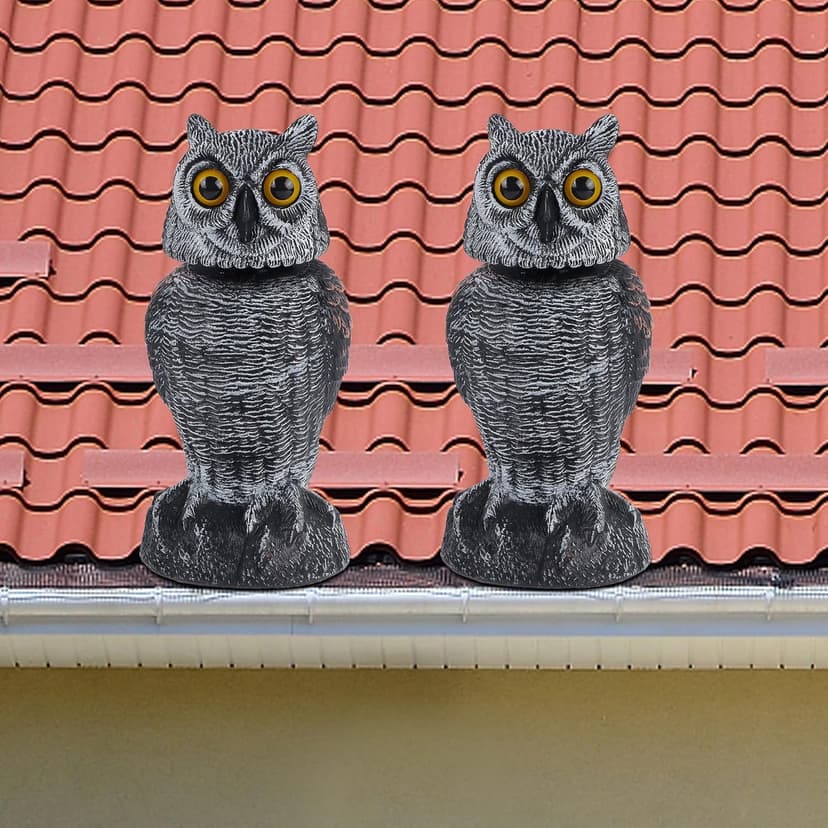 Hausse 2 Pack Fake Owl Decoys to Scare Birds Away, Rotating Head Plastic Owl Bird Deterrents, 10.6 Inch Height Bird Scarecrow Nature Enemy Horned Pest Repellent for Outdoor Garden Yard