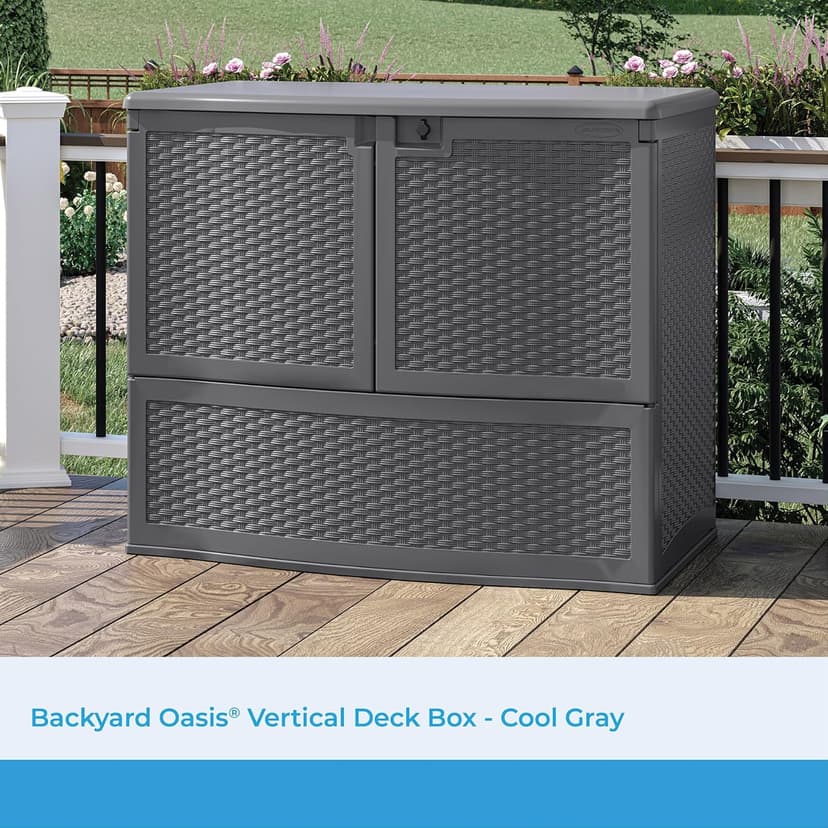Suncast Backyard Oasis Vertical Deck Box, 195-Gallon Patio Storage Box for Furniture Cushions, Grill Tools, and Pool Accessories, Cool Gray, Made in the USA