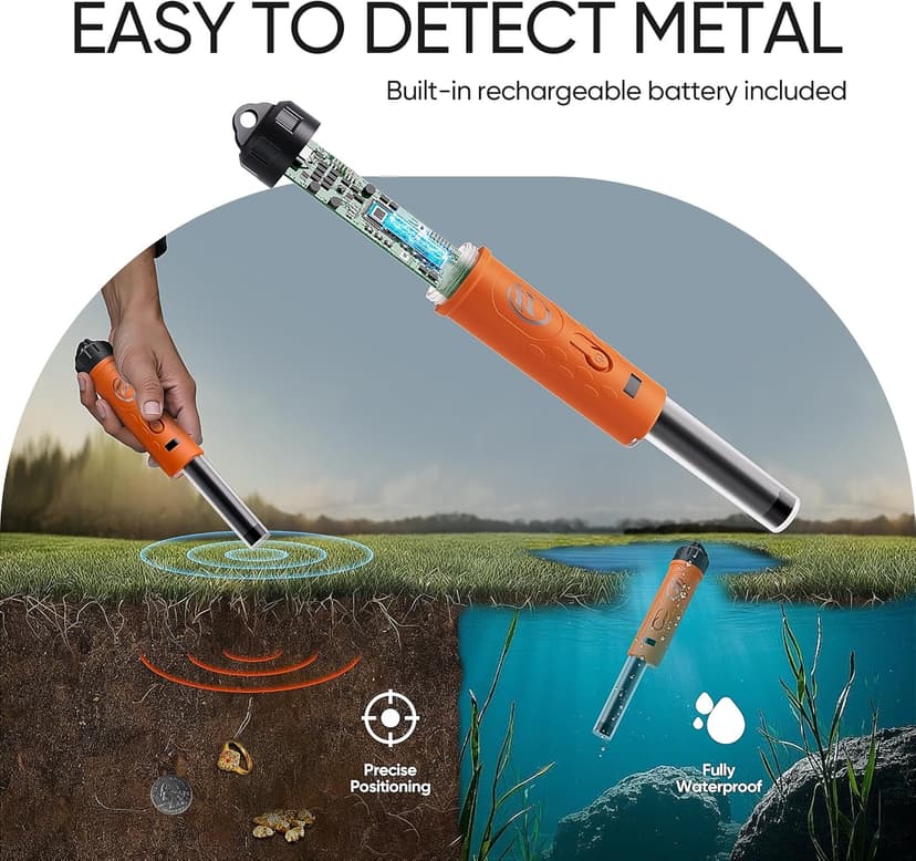 Rechargeable Metal Detector Pinpointer with 1300mAh Battery – IP68 Waterproof Handheld Probe – 360° High Sensitivity Detection Wand – Treasure Hunting Tool for Adults, Kids, Beach and Soil