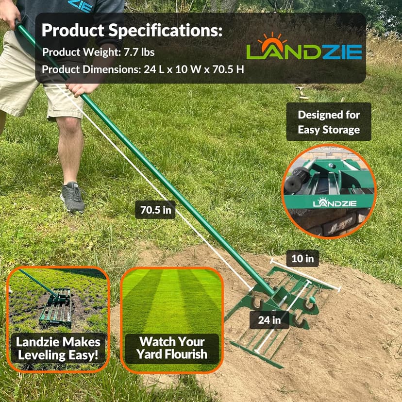 LANDZIE Lawn Leveling Rake – 24" Steel Handle Yard Leveler, Lawn Level Tool for Creating a Flat Surface - Works for Soil, Dirt, Topdressing and Ground