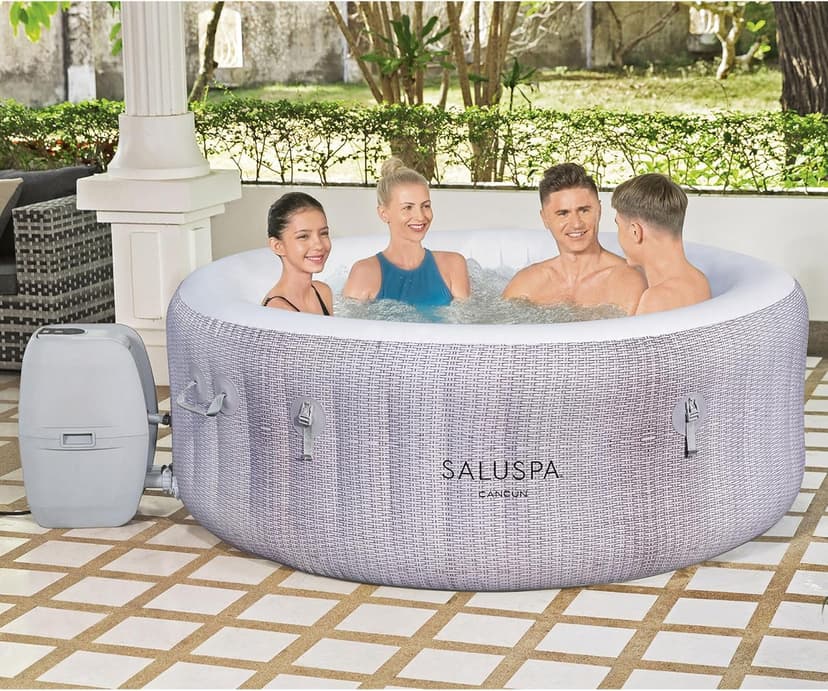 Bestway SaluSpa Cancun AirJet 2 to 4 Person Inflatable Hot Tub, 71 x 26 Inch Round Portable Outdoor Spa with 120 Soothing Jets and Cover, Gray