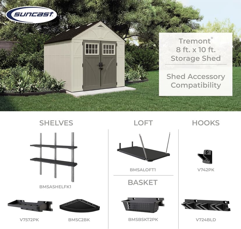Suncast 8' x 10' Heavy-Duty Resin Tremont Storage Shed, Sand