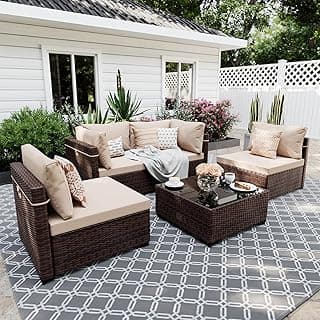 UPHA 5 Pieces Patio Furniture Sets Outdoor Sectional Sofa Wicker Conversation Couch for Decks, Backyards, Gardens, Brown Rattan, Beige Cushion