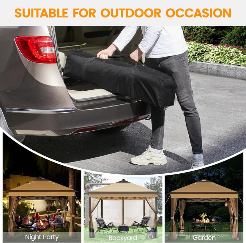 Yaheetech 11'x11' Pop Up Gazebo Instant Tent with 17 Solar LED Lights & Zippered Mesh Netting, Outdoor Shelter Sun Shade Gazebo with Sandbags for Backyard Garden Patio, Khaki & Brown