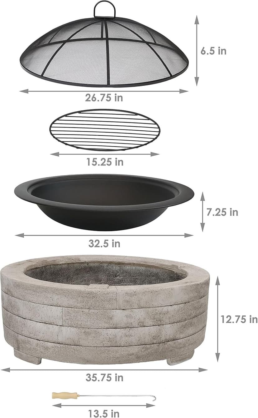 Sunnydaze 36-Inch Faux Stone Fire Pit Bowl with Handles - Wood Burning Fireplace with Spark Screen and Poker