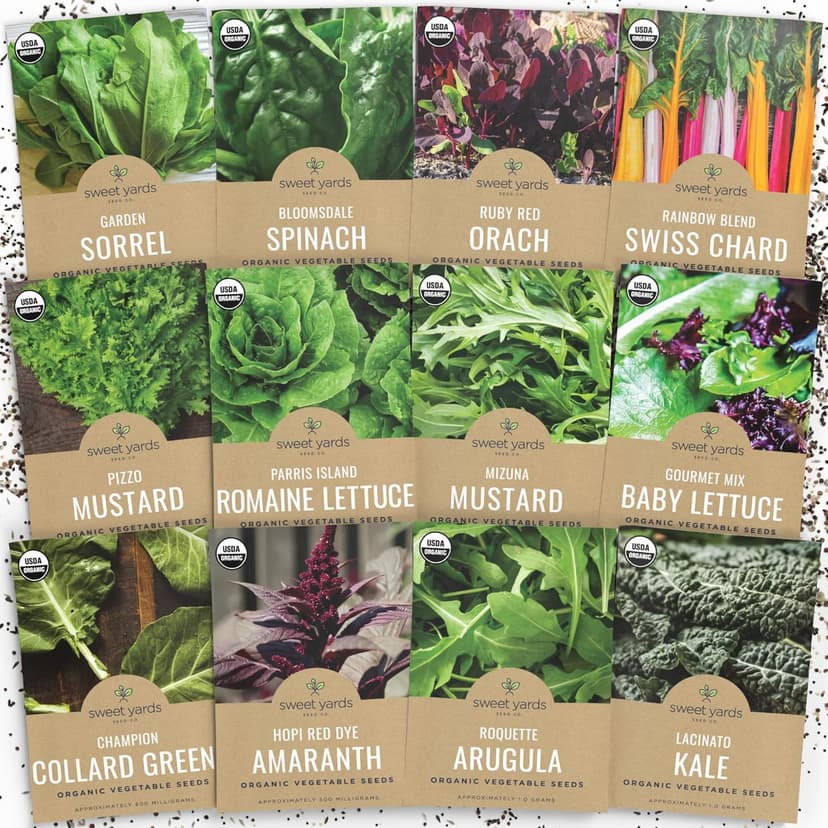 Organic Healthy Greens Seeds Variety Pack - 12 Individual Packs - 2025 Season - Arugula, Kale, Swiss Chard, Spinach, Mustard & More! for Indoor & Outdoor Planting (Non-GMO, Certified Organic)