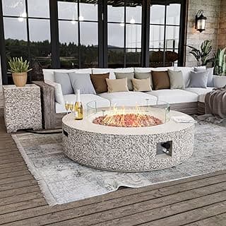 UPHA 42-inch Outdoor Propane Gas Fire Pit Table 50000 BTU Concrete Rectangle FirePit for Outside Patio with Propane Tank Cover, Wind Guad, Lava Rocks, Rain Cover, Beige Texture
