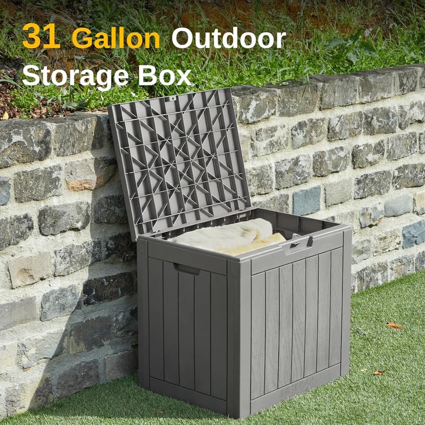 EAST OAK Outdoor Storage Box, 31 Gallon Deck Box Indoor and Outdoor Use, Waterproof Resin Storage Bin for Package Delivery, Patio Cushions, Gardening Tools, Lockable, UV Resistant, Grey