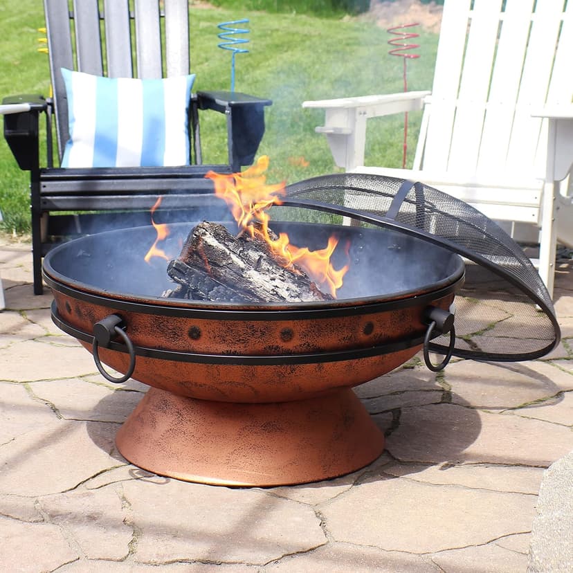 Sunnydaze 30-Inch Large Outdoor Fire Pit - Wood Burning Fire Pit for Outside with Poker and Screen - Copper Finish - Royal Cauldron