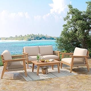 Christopher Knight Home Lorna 4-Piece Acacia Wood Patio Furniture Set, Outdoor Conversation Sofa Set with Club Chair and Coffee Table, Patio Sectional Chat Set for Backyard/Balcony, Teak+Beige