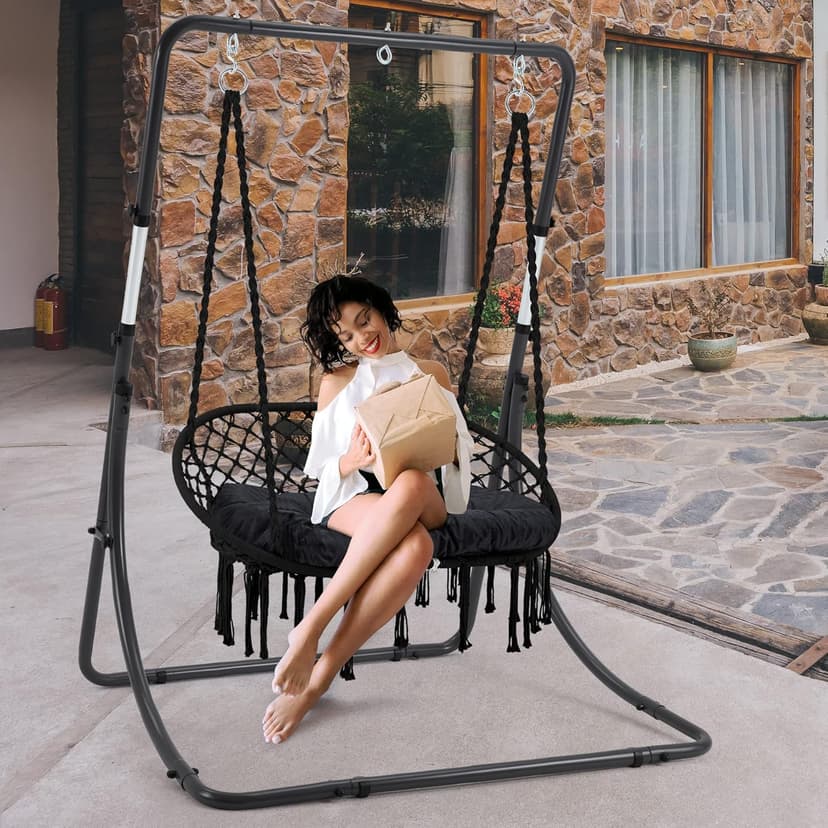 Hammock Chair Macrame Hanging Swing with Cushion,Hanging Cotton Ropes, Metal Frame, 450 lbs Capacity Indoor Outdoor, Patio, Balcony, Living,Deck, Yard, Garden(Double Swing)