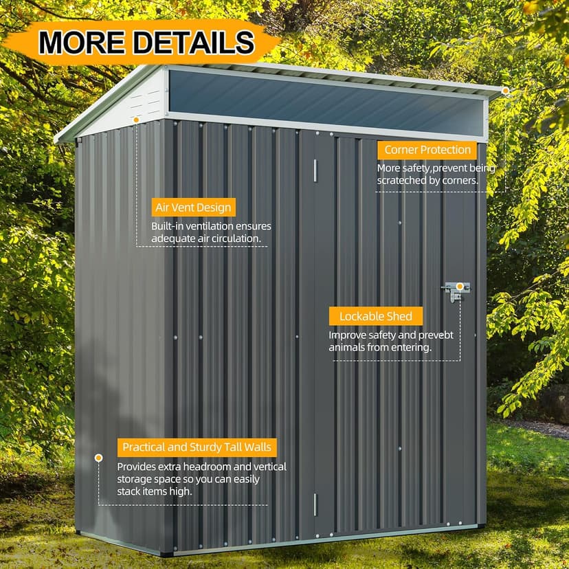 Shintenchi 5x3 FT Outdoor Storage Shed with Window, Outdoor Waterproof Storage Shed Metal Garden Shed with Lockable Single Door, Weather Resistant Tool Storage House Shed for Garden,Backyard,Drak Gray