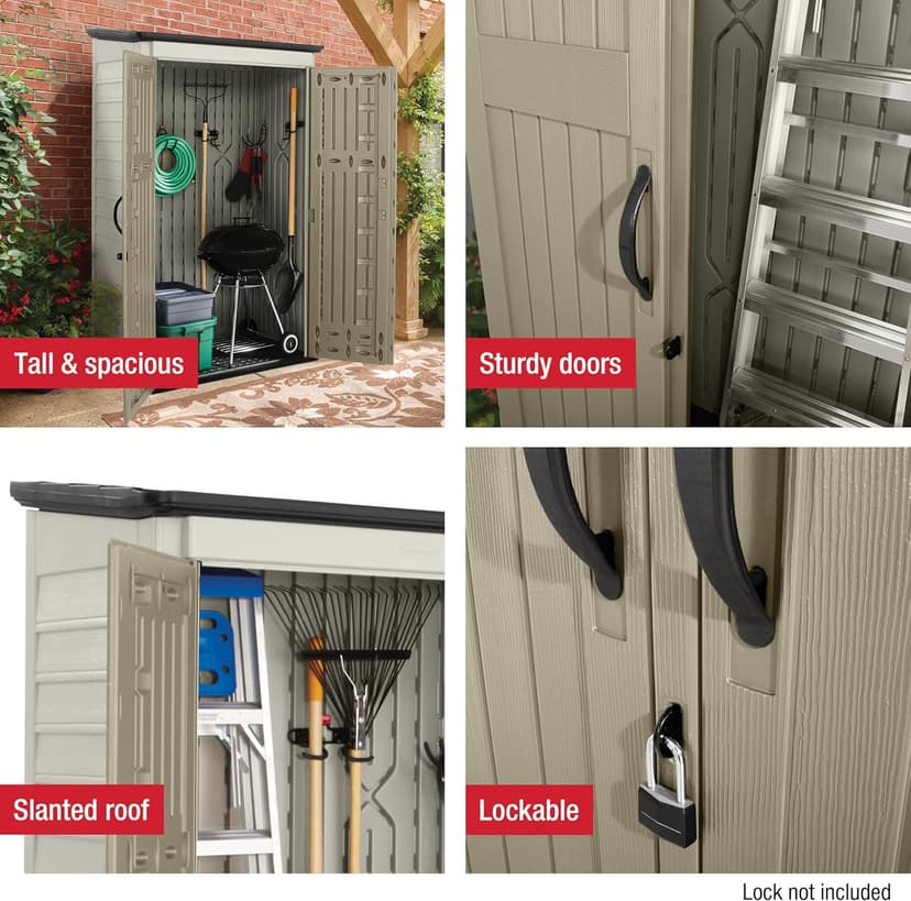 Rubbermaid Vertical Resin Outdoor Storage Shed With Floor (4 x 2.5 Ft), Weather Resistant, Beige/Brown, Organization for Home/Backyard/Pool Chemicals/Toys/Garden Tools/Porch/Patio Cushions