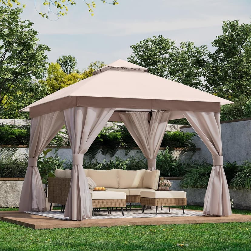 LAUSAINT HOME Outdoor Patio Gazebo with Expansion Bolts, Double Roof Soft top Gazebos Shelter Party Tent with Mosquito Nettings and Privacy Screens for Backyard, Deck, Garden, Lawn (10x10, Khaki)