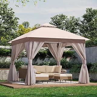 LAUSAINT HOME Outdoor Patio Gazebo with Expansion Bolts, Double Roof Soft top Gazebos Shelter Party Tent with Mosquito Nettings and Privacy Screens for Backyard, Deck, Garden, Lawn (10x10, Khaki)