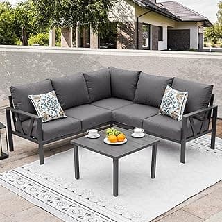 Patio Furniture Set, 6 Pieces Outdoor Couch Sectional, L Shaped Patio Sofa, Metal Patio Couch Sectional with Side Table, Outdoor Seating Conversation Set, Grey