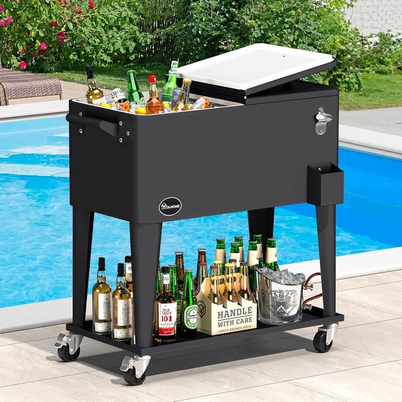 YITAHOME 80 Quart Patio Cooler Cart with Bottle Opener Drainage, Portable Rolling Beverage Cart for Pool Deck Party Cookouts