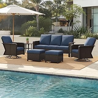 Outdoor Patio Furniture Set,6 Pieces Wicker Patio Conversation Set with Swivel Rocking Chairs, 3-Seat Sofa, Ottomans & Side Table for Deck, Porch, Backyard,Poolside,Blue Cushions