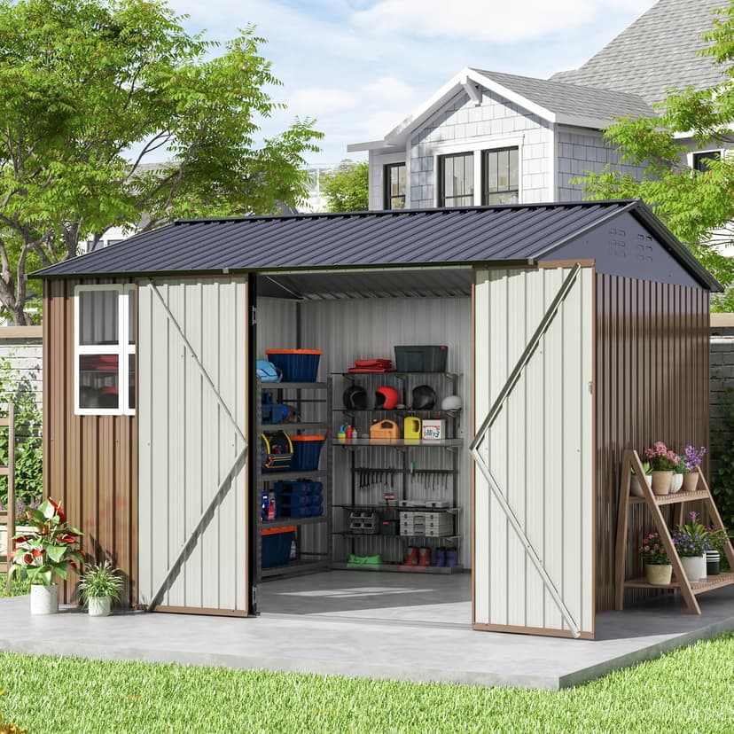 10x10 FT Large Outdoor Storage Shed, Metal Clearance Tiny Home with Windows & Lockable Doors for Backyard Garden, Patio Lawn, Placing Tools/Sundries/Guarder Inhabit/Raise Chickens/Poultry