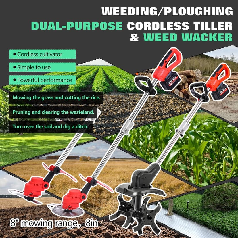21V Cordless 2-in-1 Tiller & Weed Whacker Combo | 12"x9" Rototiller, 4x4 Blades & 8" Trimmer - 2×21v Battery, 360 RPM for Gardening, Garden Tiller, Electric Tiller, Cultivators for Gardening