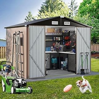 GVDV 8x6 FT Outdoor Storage Shed with Air Vent & Lockable Doors, Durable Metal Outside Storage for Garden, Patio and Backyard, Waterproof Shelter for Tools, Bike (7.33'x5.28' Base, No Floor)