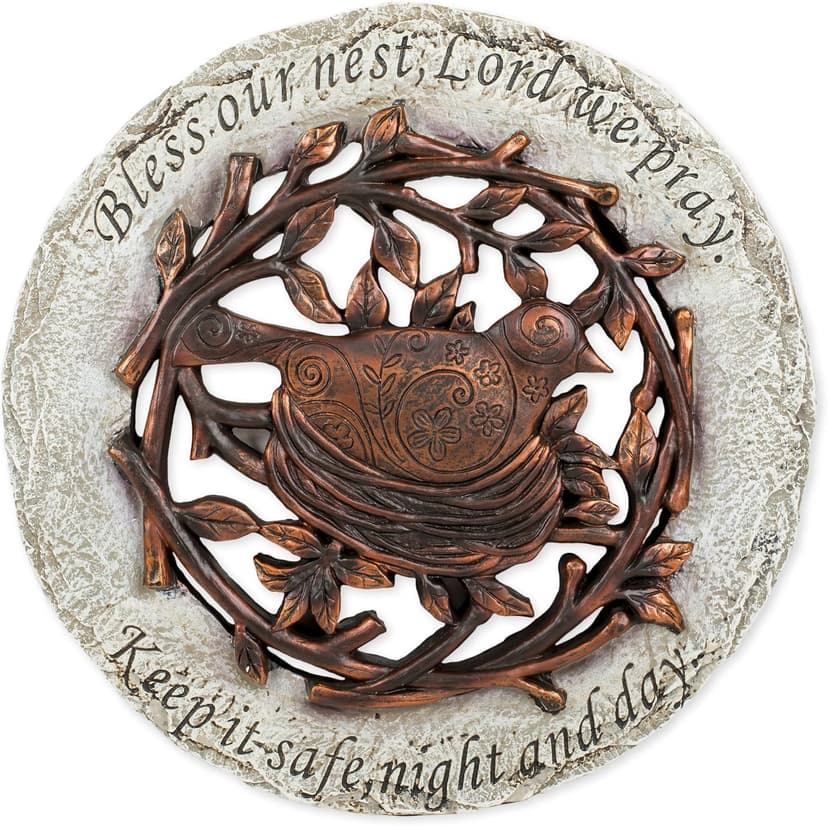 Roman Exclusive Terrace Garden Stone with a Bird in Nest and Verse, 12.2-Inch, 2-Tone Dolomite/Resin