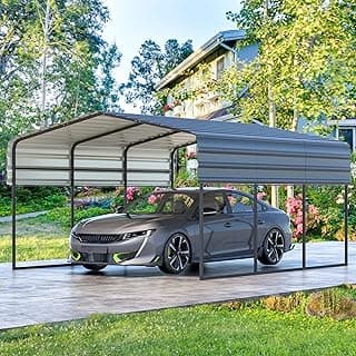 MELLCOM Carport 10x15 FT, Heavy Duty Car-Port, Car-Shelter with Galvanized Metal Roof and Frame, Easy Assembly Car-Shed with Enhanced Base, Expanding Garage Space for Pickup, Boat and Tractor, Gray