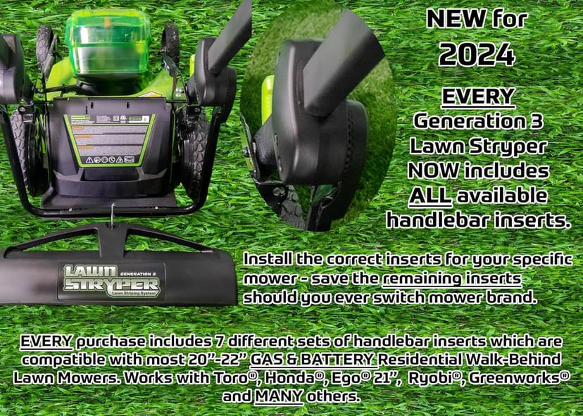 Lawn Striping System – UNIVERSAL FIT - Works with Most 20”-22” Gas & Battery Residential Walk-Behind Mowers (Mounting Brackets for over 40 Major Brands Included in Box – See List Below)