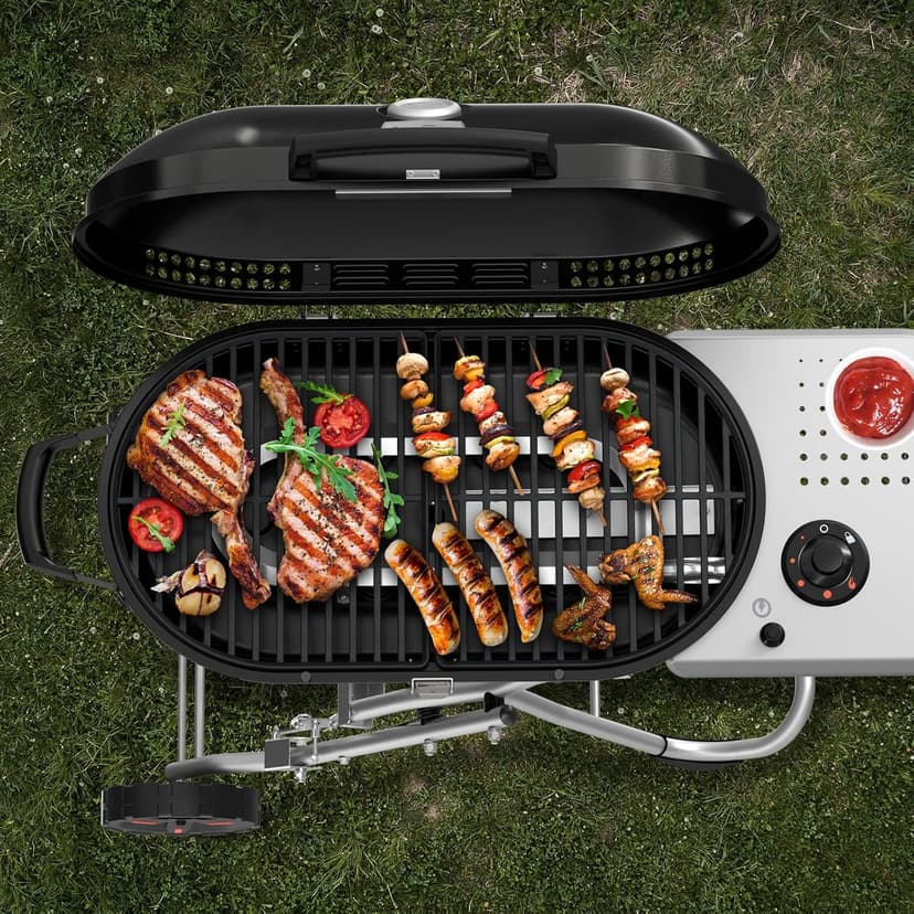 Portable Propane Gas Grill,15,000 BTU BBQ Grill with Top Cover Lid, 406 sq.in. Grilling Areas, 2 Wheels, Built-in Thermometer, Barbecue Gas Grill for Patio,Party,Black